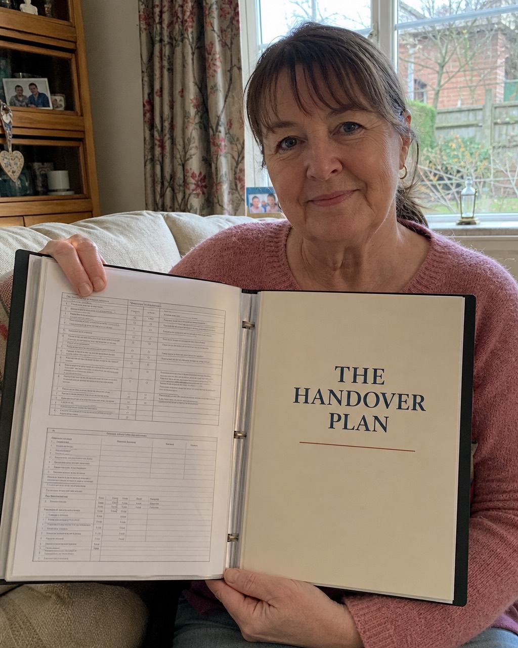Bridget M. on her sofa with her Handover Plan folder open