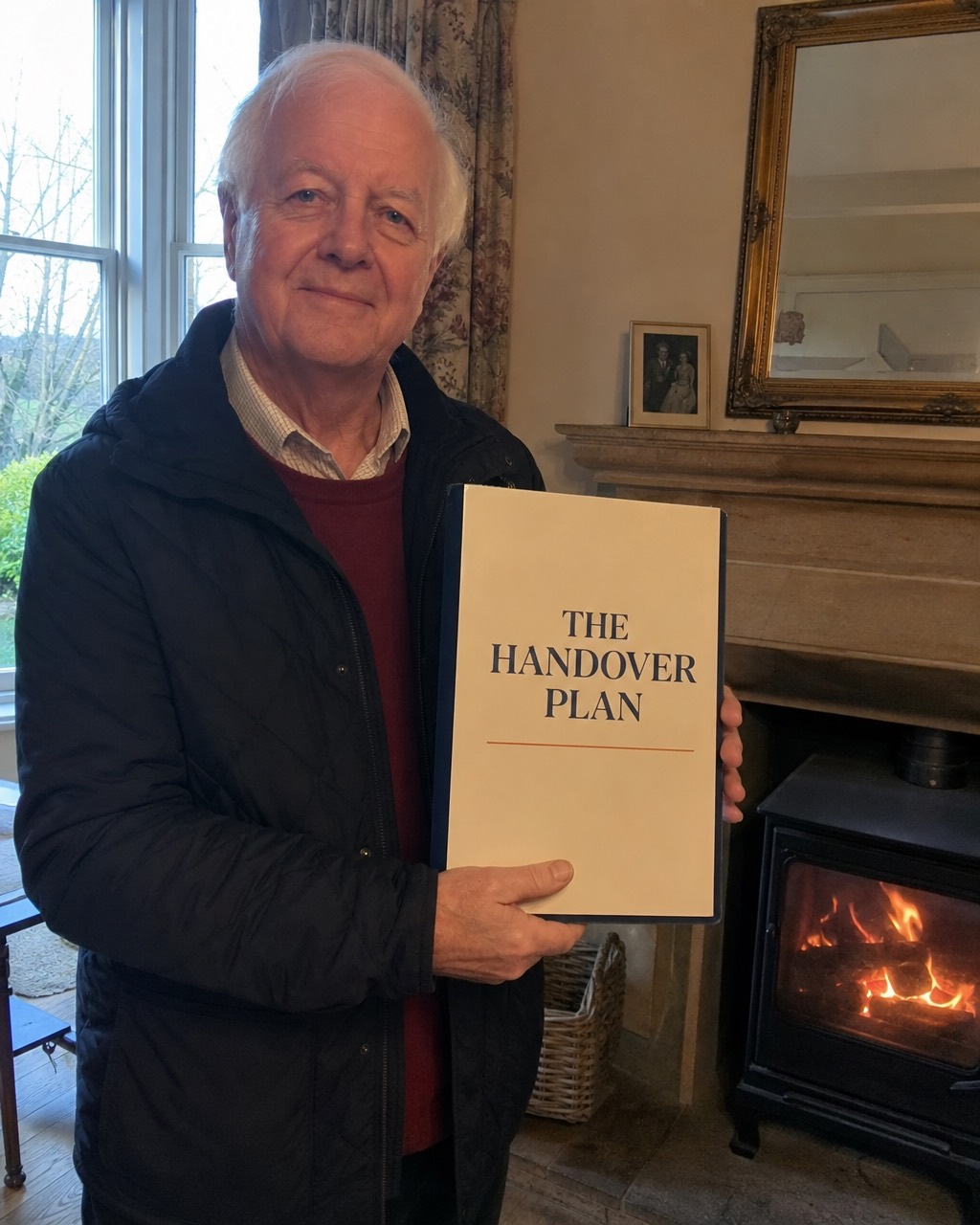 Peter L. by his fireplace presenting his Handover Plan folder