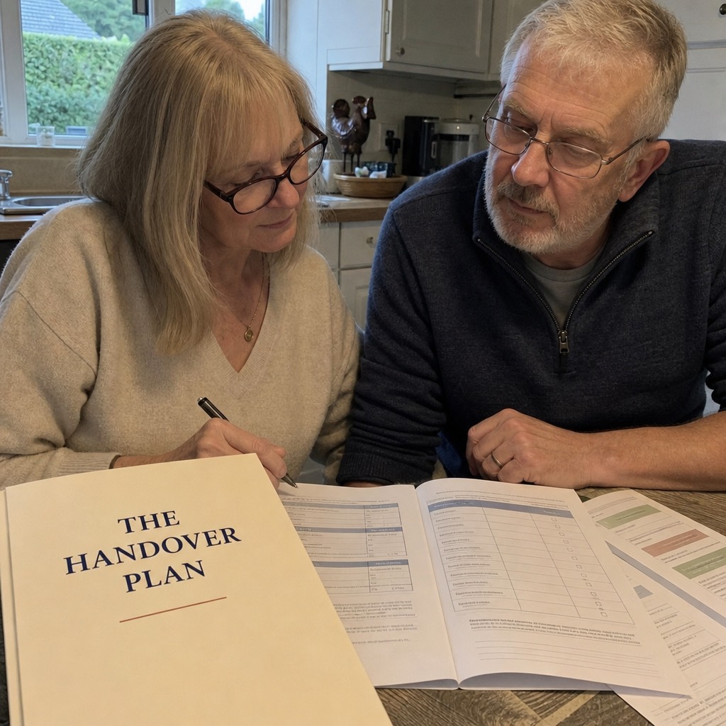 A couple filling in the home-or-care-home decision grid together